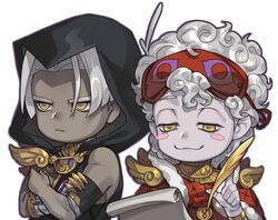  2boys absurdres ahoge armlet black_headwear blush_stickers brothers chibi commentary_request crossed_arms curly_hair curtained_hair dark-skinned_male dark_skin gauntlets hades_(series) hades_1 highres hood hypnos_(hades) mask mask_on_head multiple_boys pale_skin paper quill siblings simple_background sleep_mask thanatos_(hades) upper_body white_background white_hair winter_(winter168883) yellow_eyes 