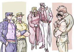  6+boys aged_down aged_up beard black_hair bomber_hat brown_hair cane diamond_wa_kudakenai facial_hair family fedora gakuran grandfather_and_grandson grey_hair hat highres jacket jojo_no_kimyou_na_bouken joseph_joestar joseph_joestar_(old) kujo_jotaro lolicon long_coat male_focus multiple_boys nitako old old_man polka_dot_headwear red_jacket school_uniform stardust_crusaders white_jacket 