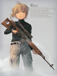  ahoge androgynous belt belt_buckle black_belt black_sweater blonde_hair blue_eyes buckle cargo_pants character_name commentary dragunov_svd english_text feet_out_of_frame female floating_hair fog foge grey_background grey_pants gun gunslinger_girl highres holding holding_gun holding_weapon lolicon long_sleeves looking_at_viewer pants parted_lips rico_(gunslinger_girl) rifle shirt_tucked_in short_hair smoke smoking_barrel sniper_rifle solo standing sweater turtleneck weapon 