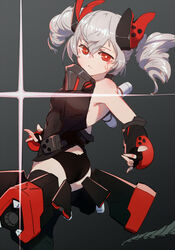  armpits ass bare_shoulders black_panties bronya_zaychik bronya_zaychik_(black_nucleus) closed_mouth drill_hair female grey_background grey_hair highres honkai_(series) honkai_impact_3rd leotard looking_at_viewer panties red_eyes simple_background solo twin_drills underwear yoni_(zhang) 