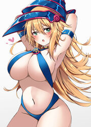  :o armpits bad_id bad_twitter_id blonde_hair blue_slingshot_swimsuit blush blush_stickers breasts cleavage dark_magician_girl duel_monster female green_eyes groin hat heart highres large_breasts long_hair looking_at_viewer navel open_mouth shiny_clothes simple_background slingshot_swimsuit solo swimsuit trista_(makkoivenus) white_background wizard_hat yu-gi-oh! 