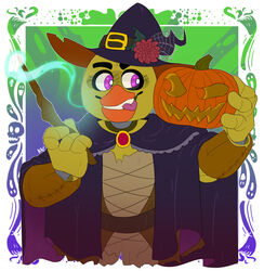  4_fingers animatronic anthro avian beak bird blush cape chica_(fnaf) chicken clothing costume dress eyebrows eyelashes female fingers five_nights_at_freddy&#039;s flower food fruit galliform gallus_(genus) gem halloween hat headgear headwear hi_res holding_object holidays machine magic magic_user phasianid plant pumpkin purple_eyes robot scottgames snazzamazing solo teeth tongue tongue_out witch witch_hat yellow_body 