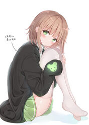  arrow_(symbol) bad_id bad_pixiv_id black_jacket blush brown_hair closed_mouth collared_shirt commentary female full_body glowing green_eyes green_skirt highres jacket knees_up long_sleeves looking_at_viewer looking_to_the_side no_shoes original pleated_skirt sashima shadow shirt sitting skirt sleeves_past_wrists solo thighhighs translated white_background white_shirt white_thighhighs 