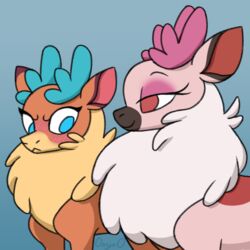  0xyr0 1:1 2022 antlers blue_antlers blue_background blue_eyes blush chest_tuft deer digital_drawing_(artwork) digital_media_(artwork) duo envy eyelashes female feral fluffy fluffy_chest fur fur_markings girl_staring_at_man&#039;s_chest horn jealous looking_at_another mammal markings meme multicolored_body multicolored_fur new_world_deer pink_antlers pink_body pink_fur quadruped red_eyes reindeer simple_background tan_body tan_fur them&#039;s_fightin&#039;_herds tuft two_tone_body two_tone_fur velvet_reindeer_(tfh) vixen_(tfh) white_body white_fur yellow_body yellow_fur 