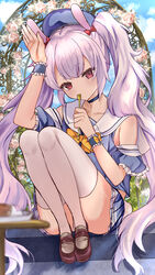  absurdres animal_ears azur_lane black_choker blue_headwear blue_serafuku blue_shirt blue_skirt bow brown_footwear choker day e_byi fake_animal_ears female flower full_body highres laffey_(azur_lane) laffey_(bunny_clerk?)_(azur_lane) long_hair looking_at_viewer miniskirt official_alternate_costume outdoors panties pleated_skirt rabbit_ears red_eyes rose sailor_collar school_uniform serafuku shirt shoes skirt solo thighhighs twintails underwear very_long_hair white_flower white_panties white_rose white_sailor_collar white_thighhighs wristband yellow_bow 