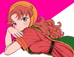  breasts closed_mouth curly_hair dragon_quest dragon_quest_vii dress female green_eyes hood long_hair looking_at_viewer maribel_(dq7) miyama_(kannsannn) red_hair solo 