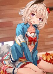  animal_ears autumn_leaves_(tail_fox) belt between_legs blue_jacket blush collarbone cosplay crop_top curren_chan_(umamusume) female grey_hair hairband hand_between_legs horse_ears horse_girl horse_tail jacket long_sleeves looking_at_viewer midriff nice_nature_(run&amp;win)_(umamusume) nice_nature_(umamusume) nice_nature_(umamusume)_(cosplay) open_mouth purple_eyes shoes short_sleeves sitting skirt sneakers socks solo tail umamusume wariza white_socks 