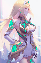  arm_guards backless_dress backless_outfit bare_legs bare_shoulders blonde_hair blush breasts chest_jewel cleavage cleavage_cutout clothing_cutout commentary dress drop_earrings earrings elbow_gloves female gem gloves headpiece jewelry kaijuicery large_breasts long_hair microdress mythra_(xenoblade) short_dress sleeveless sleeveless_dress solo swept_bangs thigh_strap tiara very_long_hair white_dress white_gloves xenoblade_chronicles_(series) xenoblade_chronicles_2 yellow_eyes 