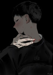  1boy artist_name bad_id bad_twitter_id black_background black_hair black_kimono blood blood_on_hands blush bug_bite crossdressing ear_blush embarrassed eyelashes from_behind half-closed_eyes hand_on_own_neck hand_up hickey highres japanese_clothes jewelry kimono logo looking_at_viewer looking_back male_focus mikage_(yokyour18g) mole mole_on_neck mole_under_eye nape obi original profile ring sash short_hair sideways_glance simple_background solo sweat upper_body veins 