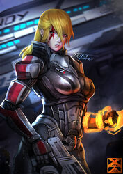  absurdres arm_blade armor blonde_hair blood blood_on_face boobplate breasts commander_shepard commander_shepard_(female) commander_shepard_(female)_(cosplay) commentary cosplay crossover female gun handgun highres hologram injury large_breasts m-77_paladin mass_effect_(series) mass_effect_3 medium_hair metroid mole mole_under_mouth n7_armor omni-blade omnitool power_armor red_eyes samus_aran science_fiction signature solo spacecraft ssv_normandy ssv_normandy_sr-2 trigger_discipline watermark weapon web_address xuuikie_ashe 