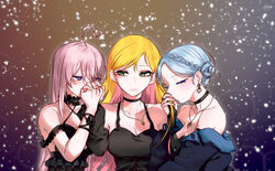  3girls ahoge ban_hada black_choker black_dress blonde_hair blue_jacket breasts choker cleavage closed_eyes collarbone colored_inner_hair criss-cross_halter daije double_bun dress earrings frilled_choker frills green_eyes hair_behind_ear hair_bun halterneck highres holding holding_another&#039;s_hair holding_hands jacket jewelry korean_commentary mole mole_on_breast multicolored_hair multiple_girls na_sera nijisanji nijisanji_kr pink_hair purple_eyes seffyna smelling virtual_youtuber yuri 