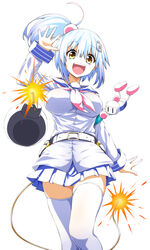  :d belt blue_hair blue_sailor_collar blue_skirt bomb bombergirl breasts character_hair_ornament commentary_request cowboy_shot explosive feet_out_of_frame female fuse gradient_hair hair_ornament hanging_on_arm highres large_breasts lit_fuse long_hair long_sleeves multicolored_hair neckerchief open_mouth photoshop_(medium) pink_neckerchief pleated_skirt sailor_collar school_uniform serafuku shiro_(bombergirl) side_ponytail simple_background skirt smile solo_focus tail thighhighs watarui waving white_background white_bomberman white_hair white_legwear yellow_eyes zettai_ryouiki 