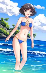  :d akiyama_yukari aposine artist_name bikini black_hair blue_bikini blue_sky breasts brown_eyes cloud commentary day dutch_angle english_commentary feet_out_of_frame female girls_und_panzer highres horizon looking_at_viewer medium_breasts mixed-language_commentary navel ocean open_mouth outdoors rock short_hair sky smile solo swimsuit underboob wading water waves 