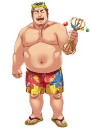  1boy alpha_transparency amamiya_(ammami8) bara belly blonde_hair brown_hair eyebrow_cut eyewear_on_head flip-flops full_body gradient_hair hair_horns large_pectorals long_sideburns male_focus male_swimwear multicolored_hair muscular muscular_male official_art open_mouth pectorals plump sandals scar short_hair sideburns simple_background smile solo sunglasses swim_trunks thick_eyebrows third-party_source tohno_motosumi tokyo_afterschool_summoners topless_male transparent_background two-tone_hair vajra_(object) 