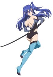  absurdres ass black_leotard blue_eyes blue_hair blue_thighhighs blush breasts chuunioniika elbow_gloves female full_body gloves highres ignite_module kazanari_tsubasa leotard long_hair looking_at_viewer looking_back parted_lips senki_zesshou_symphogear shoulder_blades small_breasts solo sword thighhighs transparent_background weapon 