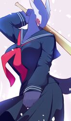  anthro anthrofied asian_clothing baseball_bat bat_(object) blush breasts clothed clothing east_asian_clothing female generation_3_pokemon hi_res holding_baseball_bat japanese_clothing japanese_school_uniform legendary_pokemon nintendo pokemon pokemon_(species) pokemorph purple_body red_eyes school_uniform shadow_lugia shadow_pokemon smile solo sukeban umisag85rabb99 uniform 