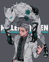  2boys absurdres animal_ears bad_id bad_pixiv_id black_hair cat_ears diamond_wa_kudakenai formal gloves hair_slicked_back highres jojo_no_kimyou_na_bouken kawajiri_kosaku killer_queen kira_yoshikage leather leather_gloves male_focus multiple_boys necktie sandals setsunano stand_(jojo) suit 