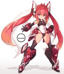  antenna_hair ass_visible_through_thighs breasts cameltoe commentary_request covered_navel female full_body gradient_background grey_background groin headgear highres karukan_(monjya) long_hair looking_at_viewer mecha_musume mitsuka_souji ore_twintail_ni_narimasu red_eyes red_hair small_breasts solo tailred twintails very_long_hair white_background 