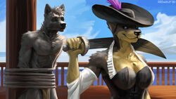  16:9 2020 anthro black_body black_fur bound breasts brown_body brown_fur canid canine canis cleavage clothed clothing corset cutlass digital_media_(artwork) domestic_dog duo female fur geewolf grey_body grey_fur hair hat headgear headwear holding_object holding_sword holding_weapon lingerie loincloth looking_at_another male mammal mast mastiff melee_weapon molosser multicolored_body multicolored_fur multicolored_hair outside pirate pyndan rottweiler roxadelic ship ship_deck smile submissive submissive_male sword tied_to_pole topless topless_male topwear two_tone_body two_tone_fur vehicle watercraft weapon weapon_on_shoulder widescreen wolf worried 