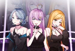  3girls ahoge ban_hada black_choker black_jacket blonde_hair blue_eyes breasts choker cleavage collarbone criss-cross_halter detached_sleeves frilled_choker frills green_eyes hair_bun halterneck head_tilt headset highres jacket jewelry long_hair looking_at_viewer mole mole_on_breast mole_under_eye multiple_girls na_sera necklace nijisanji nijisanji_kr off_shoulder purple_eyes purple_hair rin_(rinbyrin) seffyna single_hair_bun single_side_bun smile virtual_youtuber 