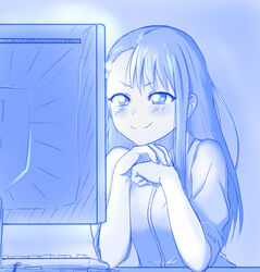  asymmetrical_bangs at_computer black_hair blue_theme blush closed_mouth computer_keyboard earclip female hair_ornament hairclip hands_up highres ijiranaide_nagatoro-san long_hair monitor monochrome nagatoro_hayase own_hands_together screen_light smile smug solo upper_body viperxtr 