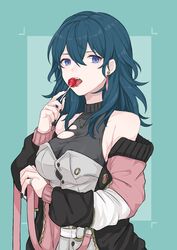  akina_(akn_646) alternate_costume aqua_background aqua_hair bangs bare_shoulders black_nails blue_eyes byleth_(fire_emblem) byleth_(fire_emblem)_(female) candy casual coat collarbone earrings female fire_emblem fire_emblem:_three_houses food highres holding holding_food jewelry licking lollipop long_hair long_sleeves nail_polish necklace o-ring off_shoulder open_clothes open_coat open_mouth ring skindentation solo tassel tassel_earrings tongue tongue_out torn_clothes two-tone_background upper_body upper_teeth 