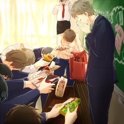  6+boys amakasu_nayuta bowing brown_hair buzz_cut chalkboard chihayafuru chocolate curtains danshi_koukou_valentine_(meme) gift grey_hair hands_up kameda_yasuhisa kinashi_hiro lowres male_focus meguru_(sk_046) meme mochida_futoshi multiple_boys necktie pants red_necktie red_shirt ryugasaki_(chihayafuru) school_uniform shiroyama_koki shirt short_hair standing sudou_akiho takuma_(chihayafuru) topless_male unworn_shirt very_short_hair 