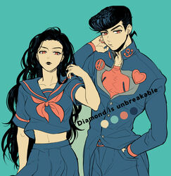  1boy bad_id bad_pixiv_id black_hair black_lips diamond_wa_kudakenai female gakuran hand_in_pocket higashikata_josuke jojo_no_kimyou_na_bouken limited_palette long_hair nail_polish pompadour school_uniform serafuku setsunano wavy_hair yamagishi_yukako 