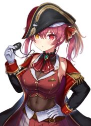  ascot belt black_jacket blush bodysuit breasts cleavage commentary crop_top eyepatch female hair_between_eyes hair_ornament hat heterochromia highres holding_eyepatch hololive houshou_marine houshou_marine_(1st_costume) jacket long_hair long_sleeves looking_at_viewer medium_breasts open_clothes open_jacket oridays pirate_hat pleated_skirt red_ascot red_eyes red_hair red_skirt see-through see-through_cleavage sidelocks simple_background skirt solo twintails unworn_eyepatch virtual_youtuber white_background yellow_eyes 