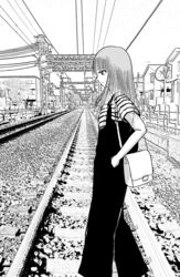  1boy amazon69 bag black_overalls greyscale highres long_hair male_focus monochrome oozora_hibari otoko_no_ko outdoors overalls profile railroad_tracks shirt short_sleeves shoulder_bag solo stop!!_hibari-kun! striped_clothes striped_shirt vanishing_point walking white_bag 