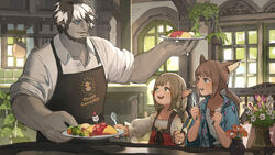  1boy 2girls :d apron beard black_apron black_hair blue_eyes blue_jacket blush bouquet brown_hair buttons collared_shirt colored_skin commentary_request day dress facial_hair final_fantasy final_fantasy_xiv flower food fork green_eyes grey_skin hair_over_one_eye height_difference holding holding_fork holding_plate holding_spoon indoors jacket jewelry lalafell long_hair long_sleeves looking_at_another low_twintails miqo&#039;te moogle multicolored_hair multiple_girls off-shoulder_shirt off_shoulder omelet omurice open_clothes open_jacket open_mouth orange_flower partially_unbuttoned pink_flower plate pointy_ears red_dress ring roegadyn sasumata_jirou shirt short_sleeves signature sleeveless sleeveless_dress sleeves_rolled_up smile spoon table teeth twintails two-tone_hair upper_body upper_teeth_only vase warrior_of_light_(ff14) white_flower white_hair white_shirt wide_sleeves window 