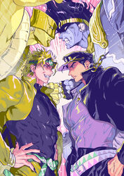  4boys black_hair blonde_hair chains dio_brando hands_on_own_hips highres jacket jojo_no_kimyou_na_bouken male_focus multiple_boys nitako oerba_yun_fang opposing_sides red_eyes shirt stand_(jojo) star_platinum stardust_crusaders the_world tight_clothes tight_shirt vampires yellow_jacket 