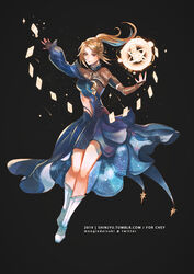  astrologian_(final_fantasy) asymmetrical_clothes black_background blonde_hair blue_eyes boots card commission dress elbow_gloves english_text final_fantasy final_fantasy_xiv final_fantasy_xv fingerless_gloves full_body gloves hyur long_hair looking_at_viewer medium_hair ponytail preyanan_suwanpramote single_sleeve smile twitter_username 