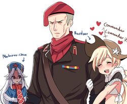  1boy 2girls arm_hug ascot beret blonde_hair blue_eyes blush capelet colt_revolver_(girls&#039;_frontline) commentary cowboy_hat crossover english_commentary english_text fur_hat fur_trim girls&#039;_frontline gloves hat heart highres hinghoi long_hair makarov_(girls&#039;_frontline) metal_gear_(series) military military_uniform multiple_girls netorare red_eyes revolver_ocelot ribbon_bar shaded_face short_hair simple_background star_(symbol) uniform upper_body ushanka white_background white_gloves white_hair 