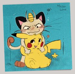  blush colored feet flower front_view fur generation_1_pokemon hi_res hug hugging_another hugging_from_behind looking_at_another meowth nintendo pikachu plant pokemon pokemon_(species) simple_background sitting solo tail truemew yellow_body yellow_fur 