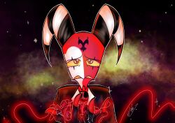  absurd_res bald blitzo_(helluva_boss) clothing demon gloves handwear hellaverse helluva_boss hi_res horn male multicolored_body neon red_body red_eyes saywwbro scar size_difference smaller_male solo space yellow_sclera 