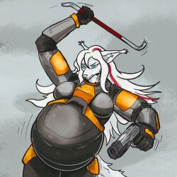  1:1 action_pose anthro blue_eyes canid canine canis crowbar domestic_dog female fur gun hair half-life half-life_2 handgun hev_suit hi_res highlights_(coloring) holding_gun holding_handgun holding_object holding_pistol holding_ranged_weapon holding_weapon hunting_dog indigobx mammal pistol pose pregnant pregnant_female ranged_weapon red_highlights sighthound silken_windhound standing tools valve vega_chioni_(indigobx) weapon white_body white_fur white_hair 
