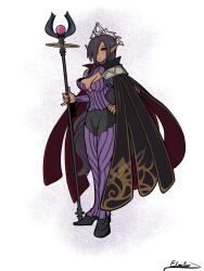  3:4 alternate_costume armwear ass between_breasts big_breasts black_hair blush breasts cleavage cloak closed_eyes clothed clothing crown dark_body dark_elf dark_skin ear_piercing elbow_gloves elf elmistorr female footwear glistening gloves hair hair_over_eye handwear headgear headwear hi_res high_heels humanoid humanoid_pointy_ears kneeling kuroinu:_kedakaki_seijo_wa_hakudaku_ni_somaru legwear looking_back magic_user mammal mostly_nude not_furry object_between_breasts olga_discordia one_eye_obstructed piercing pointy_ears purple_armwear purple_clothing purple_elbow_gloves purple_gloves purple_handwear shoes skimpy solo staff thigh_highs thong underwear yellow_eyes 