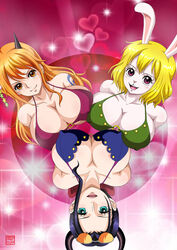  3girls beast_pirates beast_pirates_(cosplay) big_breasts black_hair blonde_hair blue_eyes bra breasts brown_eyes bunny_ears bunny_humanoid carrot_(one_piece) female female_only furry happy horn horns huge_breasts large_breasts long_hair looking_at_viewer nami nico_robin nipples one_piece open_mouth orange_hair post-timeskip purple_eyes raida_(j5einmnjp3r49k6) short_hair shounen_jump smile sunglasses_on_head wano_country yellow_hair 