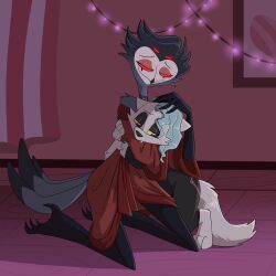  1:1 absurd_res anthro arctic_wolf avian bird canid canine canis clothed clothing comforting demon digital_media_(artwork) duo feathers feral fuf fur hair hellaverse helluva_boss hi_res hug male mammal multi_eye owl owl_demon raaf_helder_(character) sad smile stolas_(helluva_boss) tail white_body white_fur wolf 
