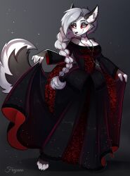  alternate_costume alternative_fashion anthro breasts canid canid_demon canine canis choker cleavage clothed clothing demon dress female freyana goth hellaverse hellhound helluva_boss hi_res jewelry loona_(helluva_boss) mammal mythological_canine mythological_creature mythology necklace smile solo wolf 