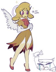  absurd_res agent_one_(helluva_boss) angel anthro bnm6517 bovid caprine cherub clothed clothing duo feathered_wings feathers female footwear halo hellaverse helluva_boss hi_res human keenie_(helluva_boss) korean_text male mammal sheep shoes simple_background solo_focus text translation_request white_background wings 