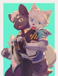  2022 absurd_res anthro anthro_on_anthro biped bottomwear canid canine canis claws clothed clothed_anthro clothed_male clothing cute_fangs digital_media_(artwork) domestic_dog duo fangs finger_claws fingerless_gloves fur geometric_background gloves hand_holding handwear hi_res holster hug hugging_another hugging_from_behind juo1 male male/male male_anthro mammal shorts simple_background standing tail teeth three-quarter_view 