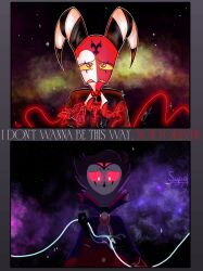  absurd_res anthro bald beak blitzo_(helluva_boss) clothing demon duo english_text feathers gloves handwear hellaverse helluva_boss hi_res horn male male/male multicolored_body neon owl_demon red_body red_eyes red_sclera saywwbro scar size_difference slim smaller_male space stolas_(helluva_boss) syaofrog text yellow_sclera 