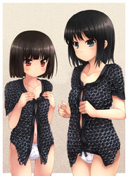  2girls akemiho_tabi_nikki armor bad_id bad_pixiv_id black_eyes black_hair blush bow bow_panties chainmail collarbone fukube_tamaki gendai_ninjakko_zukan kouno_hikaru momochi_momoka multiple_girls navel panties polka_dot polka_dot_panties red_eyes short_hair underwear white_panties 