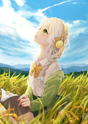  antweiyi blue_sky book braid cloud commentary_request day dong-jin_rice-hime female field green_eyes hair_ornament headphones highres holding holding_book long_hair looking_up open_book outdoors photoshop_(medium) school_uniform sitting sky suiji 