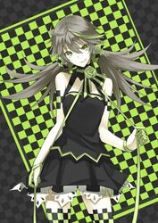  brown_hair checkered_background checkered_clothes checkered_legwear commentary_request dress earrings female flower gloves green_eyes green_hair hair_ornament half_gloves jewelry kauto long_hair multicolored_hair ribbon rose smirk solo supercell_(band) thighhighs twintails zettai_ryouiki 