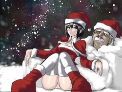  1boy artist_request black_hair boots breasts christmas cleavage drooling female hashimoto_(soukidann2010) moustache open_mouth openmouth original panties red_eyes saliva santa_claus santa_costume santa_hat santa_suit snot snow underwear white_hair 