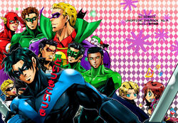  alan_scott allen_scott barry_allen batman batman_(series) black_hair blonde_hair blue_eyes bodysuit brothers bruce_wayne cape dark_skin dc_comics dick_grayson domino_mask escrima_stick green_lantern green_lantern_(series) hal_jordan harley_quinn hellblazer jacket jason_todd john_constantine john_stewart kyle_rayner mask multiple_boys nightwing rac_shade red_hood red_hood_(dc) siblings the_flash the_joker 