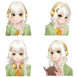  antweiyi book braid commentary_request dong-jin_rice-hime female green_eyes hair_ornament head_rest headphones headphones_around_neck holding holding_book long_hair looking_at_viewer multiple_views school_uniform smile suiji upper_body white_background white_hair 